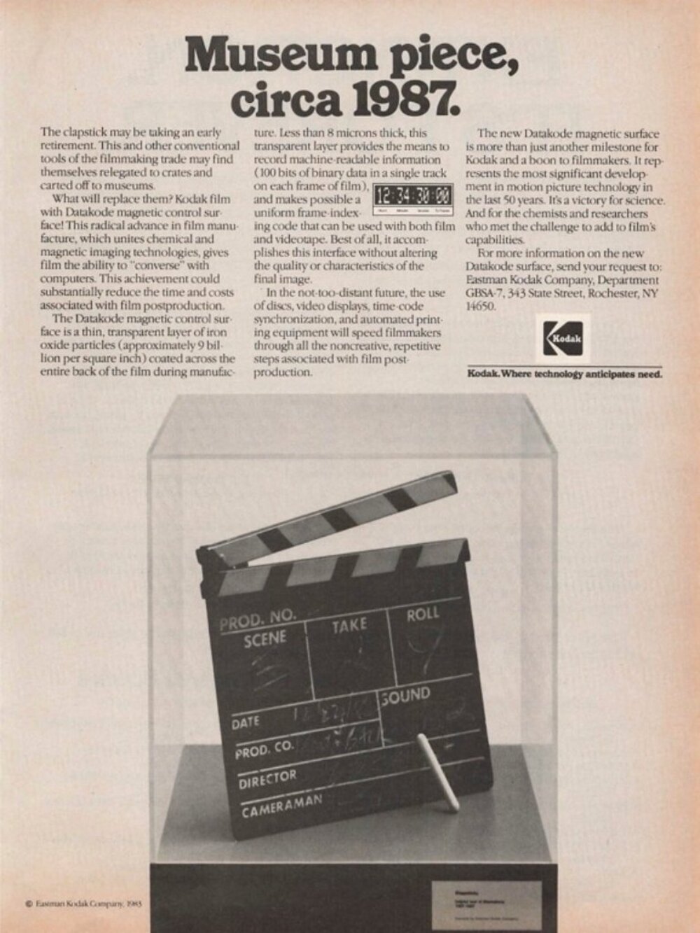 1983 Kodak Film Clapstick Vintage Print Ad Museum Piece Film Industry Datakode